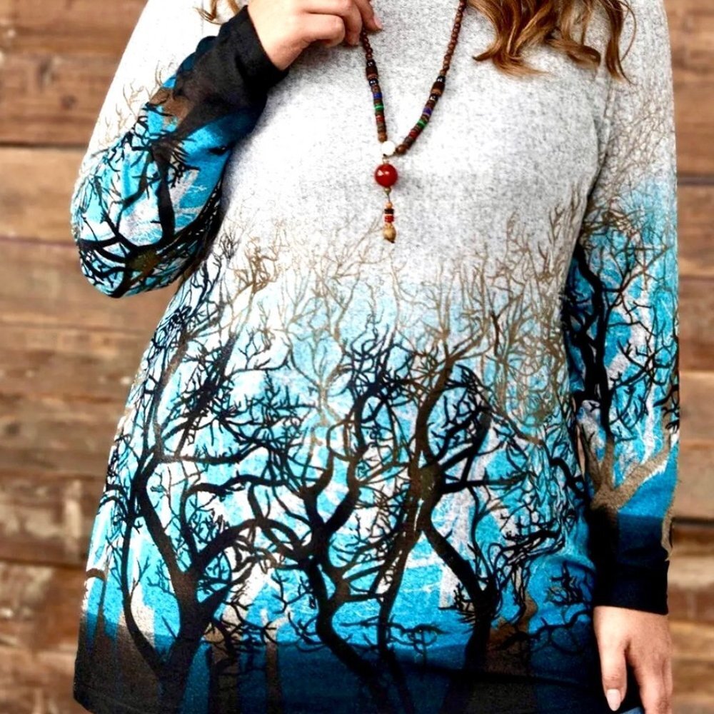NWT Oversized Gray Abstract Tree Printed Knit Sweater Dress Tunic Top 1XL